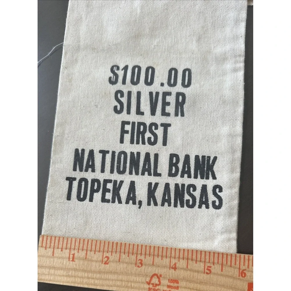 2 Vintage Bank $100 Silver First National Bank Topeka Kansas Canvas Money Sack